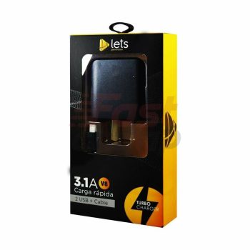 CARGADOR 220V LETS MOD 04 - 2 USB + CABLE V8 - NEGRO ONLY