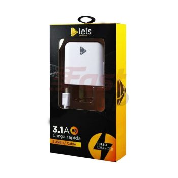 CARGADOR 220V LETS MOD 04 - 2 USB + CABLE V8 - BLANCO ONLY