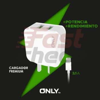 CARGADOR 220V ONLY MOD 02 - 2 USB + CABLE LIGHTINING - BLANCO ONLY